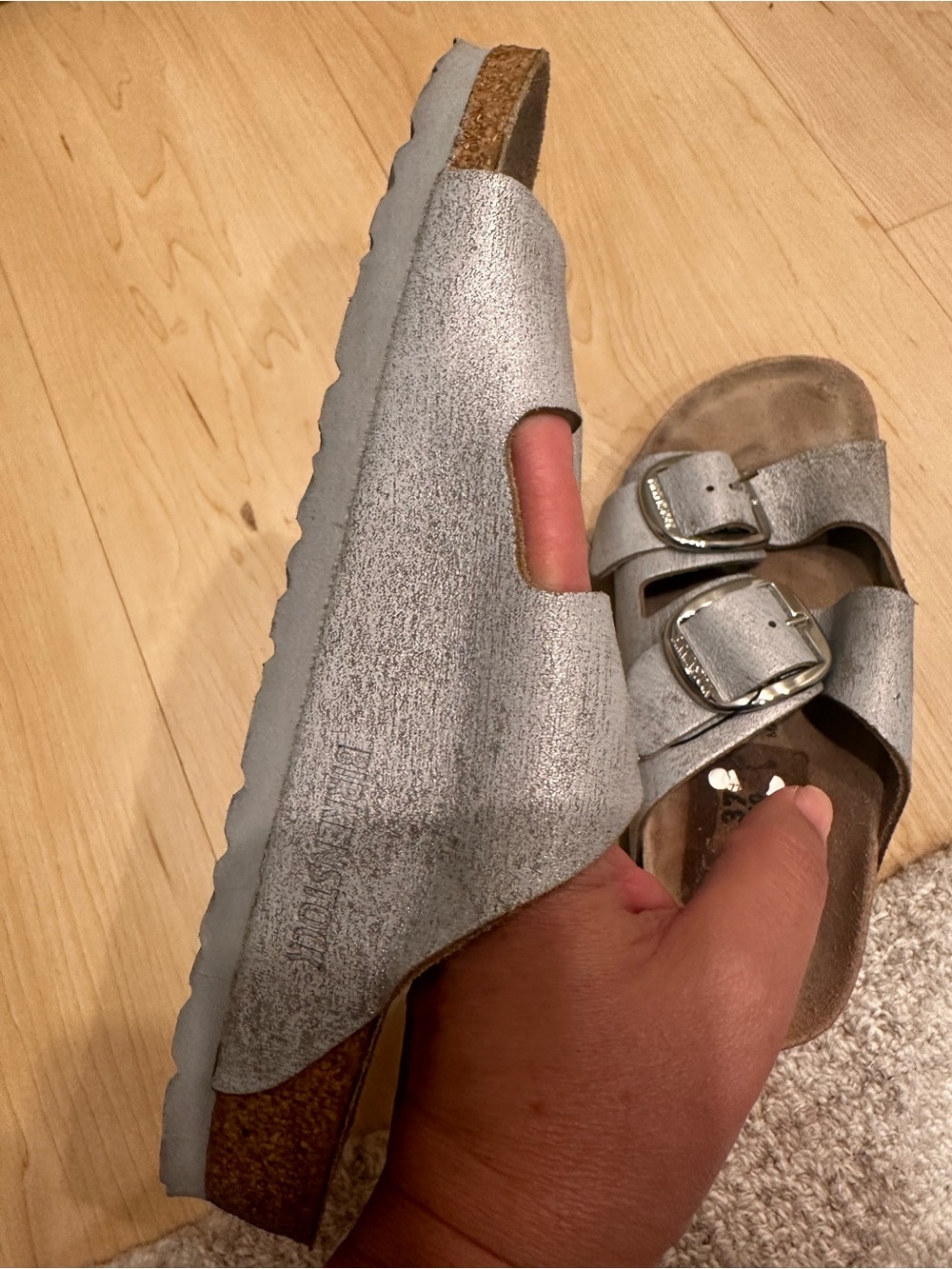 Birkenstock Big Buckle Metallic Gray Slide Sandals - Picture 7 of 10